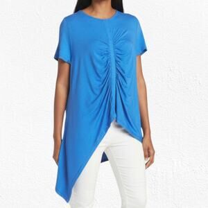 Patrizia Luca Blue Ruched High Low Short Sleeve Relaxed Womens Blouse Size Small